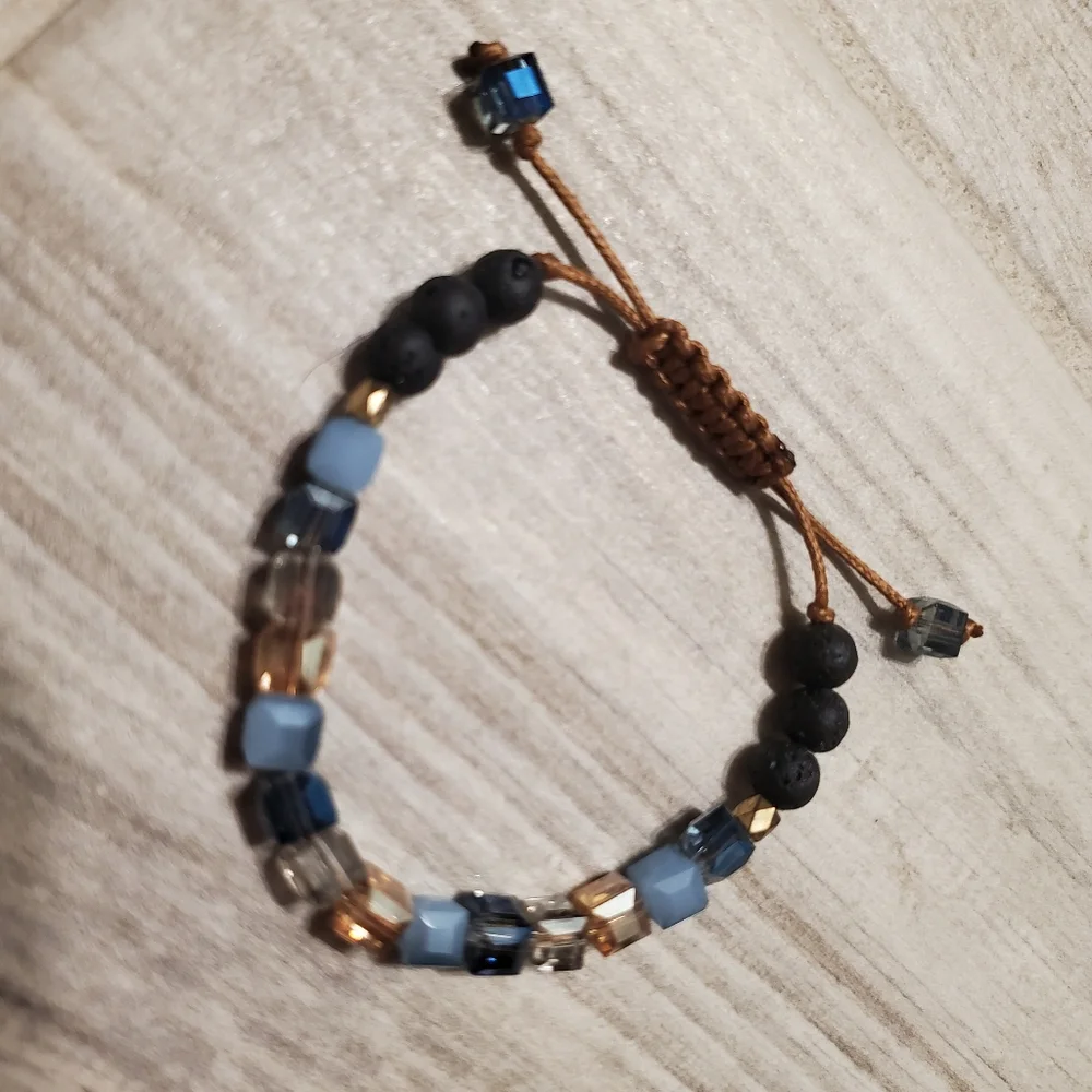 Essential Oil Diffuser Bracelet Glass Stones Lava Rock Adjustable Brown Blue - Picture 2 of 4